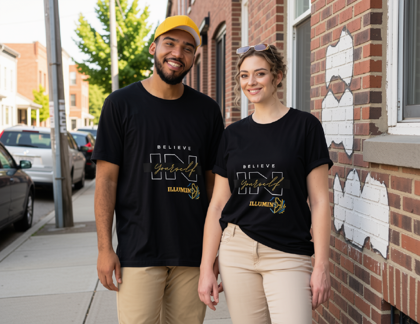 Illumin8 student apparel displayed in modern urban setting